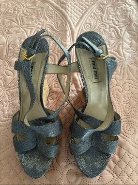 Miu Miu Blue Textured Leather Strappy Heels